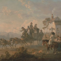 A stage coach on a country road